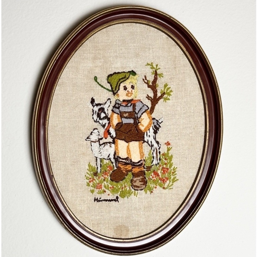 Vintage Hummel Handmade Needlepoint Art Framed Shepherd Boy Goebel Style Oval